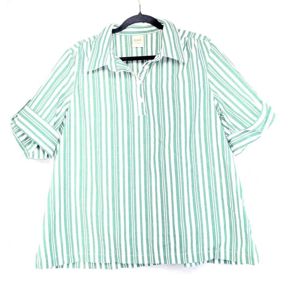 Blair Womens XLG Green White Striped Collared Short Sleeve Tunic Popover Blouse